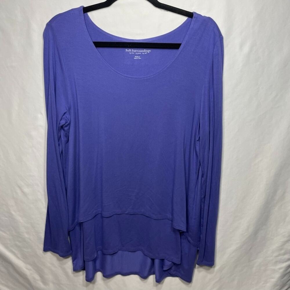 Soft Surroundings Tunic Top M Blue LS Layered Hem Scoop Neck Boho Casual